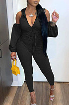 Black Autumn V Neck Off Shoulder Zipper Splied Pure Color Slim Fitting Jumpsuits AFY754-2