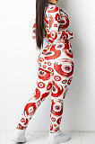 Grey Fashion Women's Design Printed Long Sleeve Zipper Tops Skinny Pants Suit T243-1
