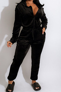 Black Simple New Velvet Long Sleeve Zipper Bandage Hooded Jumpsuits QZ6131-2