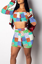 Light Blue Multicolor Printed Spliced Strapless+Cardigan Coat Short Skirts Three Piece T214-3