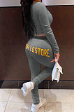 Black Simple Long Sleeve Back Bandage Tops Letter Printed Skinny Pants Sets DN8645-1