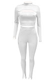 Blue Women's Long Sleeve Stand Collar Hollow Out Sexy Split Pants Sets Q983-2