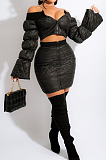 Navy Blue Fashion Luxe A Wrod Shouldet Puff Sleeve Zipper Tops Mini Skirts Sets QZ7008-3