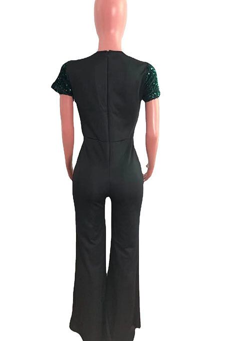 Wine Red Night Club Irregularity Sequins Spliced Short Sleeve Wide Leg Jumpsuits QZ6130-2