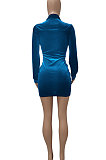 Cyan Women's Korea Velvet Deep V Collar Tied Sexy T Shirt/Shirt Dress Q982-3