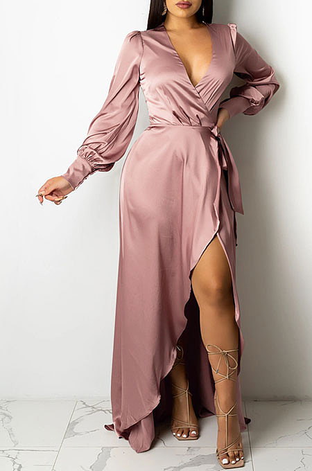 Brown Trendy Sexy Pure Color Women Deep V Collar Bandage Long Sleeve Split Long Dress XZ5373-1