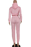 Pink Hoodie Pure Color Long Sleeve Zipper Sport Pants Sets AGY68532