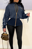 Navy Blue Wholesale New Drawstring Long Sleeve Zipper Tunics Jacket QZ7007-4
