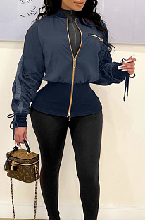 Navy Blue Wholesale New Drawstring Long Sleeve Zipper Tunics Jacket QZ7007-4