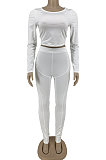 Grey Simple Long Sleeve Back Bandage Tops Letter Printed Skinny Pants Sets DN8645-3