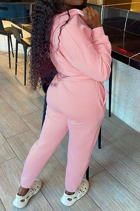 Pink Hoodie Pure Color Long Sleeve Zipper Sport Pants Sets AGY68532