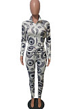 Grey Fashion Women's Design Printed Long Sleeve Zipper Tops Skinny Pants Suit T243-1