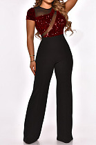 Wine Red Night Club Irregularity Sequins Spliced Short Sleeve Wide Leg Jumpsuits QZ6130-2