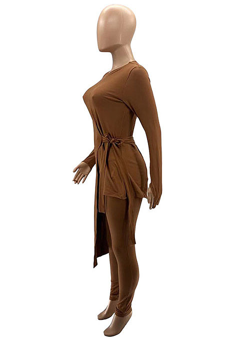 Peacock Blue Wholesale New Long Sleeve Round Neck Lace-Up Knotted Irregularity Tops Skinny Pants Solid Color Suit SZS8198-6