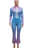 White Green Gradient Casual Stand Collar Side Stripe Spliced Long Sleeve Pants Sets SN390205-3