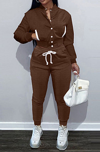 Coffee Casual Preppy Velvet Long Sleeve Single-Breasted Jacket Jogger Pants Baseballs Suit TK6206-6