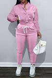 Pink Casual Preppy Velvet Long Sleeve Single-Breasted Jacket Jogger Pants Baseballs Suit TK6206-7