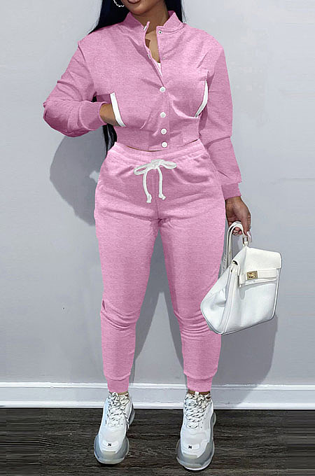 Pink Casual Preppy Velvet Long Sleeve Single-Breasted Jacket Jogger Pants Baseballs Suit TK6206-7