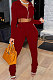 Red Euramerican Velvet Hoodie Long Sleeve Zipper Pure Color Ruffle Pants Sets Q992-3