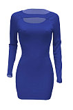 Red Women Autumn Long Sleeve Hollow Out Ribber Bodycon Mini Dress Q985-3