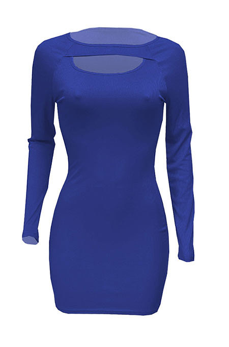 Red Women Autumn Long Sleeve Hollow Out Ribber Bodycon Mini Dress Q985-3