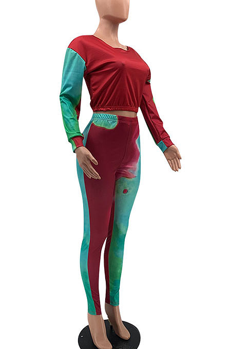 Multicolor Women's Autumn Winter Positioning Printing Tight Tie Dye Pants Sets PY0841-1