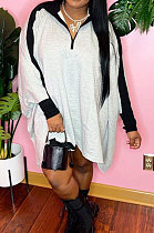 Grey Preppy Matching Color Batwing Sleeve Loose Dress F88399-1