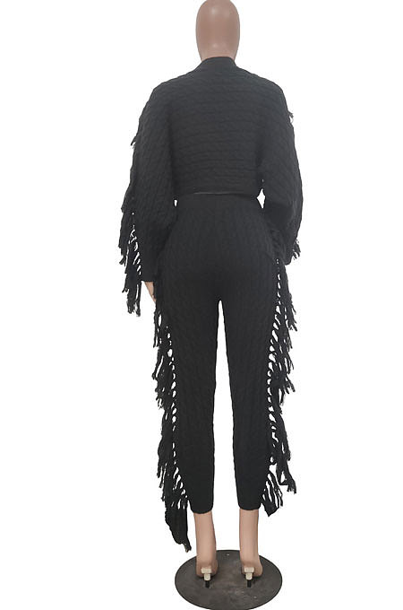 Apricot Fashion Kintting Long Sleeve Round Neck Crop Tops Trousers Cute Tassel Suit TRS1186-4