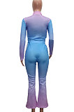 White Green Gradient Casual Stand Collar Side Stripe Spliced Long Sleeve Pants Sets SN390205-3