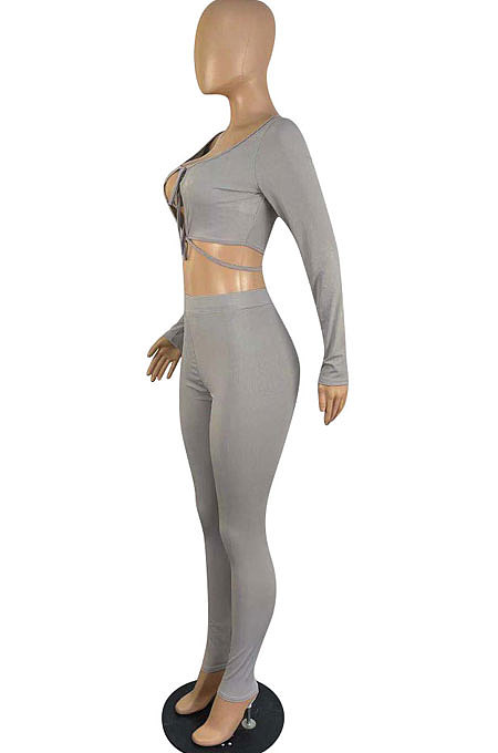 Khaki Sexy Women's Long Sleeve Lace-Up Crop Tops Skinny Pants Solid Color Suit LWW9325-1
