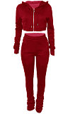 Red Euramerican Velvet Hoodie Long Sleeve Zipper Pure Color Ruffle Pants Sets Q992-3