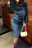 Green Women's Velvet A Word Shoulder Solid Color Bodycon Midi Dress MF6660-3