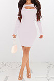 White Women Autumn Long Sleeve Hollow Out Ribber Bodycon Mini Dress Q985-1