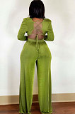 Blue Sexy Velvet Ruffle V Neck Back Bandange Tops Wide Leg Pants Plain Suit LWW9328-2