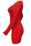 White Women Autumn Long Sleeve Hollow Out Ribber Bodycon Mini Dress Q985-1