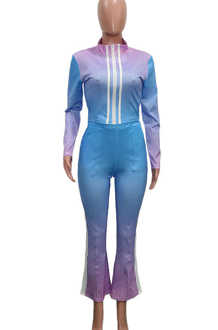 Rose Red Orange Gradient Casual Stand Collar Side Stripe Spliced Long Sleeve Pants Sets SN390205-1