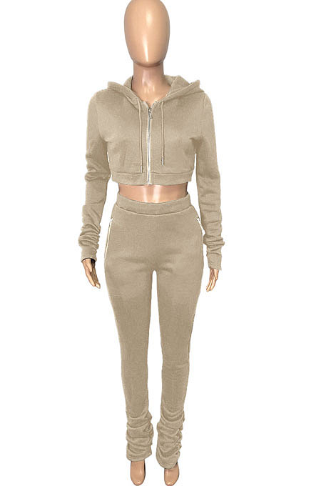 Pink Euramerican Velvet Hoodie Long Sleeve Zipper Pure Color Ruffle Pants Sets Q992-1