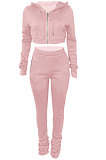 Pink Euramerican Velvet Hoodie Long Sleeve Zipper Pure Color Ruffle Pants Sets Q992-1