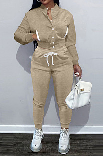 Khaki Casual Preppy Velvet Long Sleeve Single-Breasted Jacket Jogger Pants Baseballs Suit TK6206-1