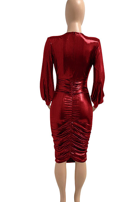 Red Euramerican V Collar Glitter Club Bodycon Hip Sexy Midi Dress Q991-2