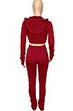 Pink Euramerican Velvet Hoodie Long Sleeve Zipper Pure Color Ruffle Pants Sets Q992-1