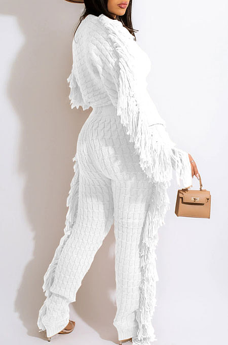Black Fashion Kintting Long Sleeve Round Neck Crop Tops Trousers Cute Tassel Suit TRS1186-1