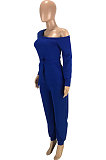 Royal Blue Modest Hypotenuse Neckline With Beltband Collect Waist Solid Color Jumpsuits SM9218-3
