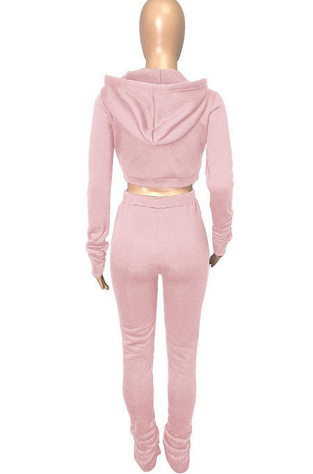 Pink Euramerican Velvet Hoodie Long Sleeve Zipper Pure Color Ruffle Pants Sets Q992-1