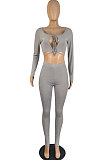 Grey Sexy Women's Long Sleeve Lace-Up Crop Tops Skinny Pants Solid Color Suit LWW9325-2