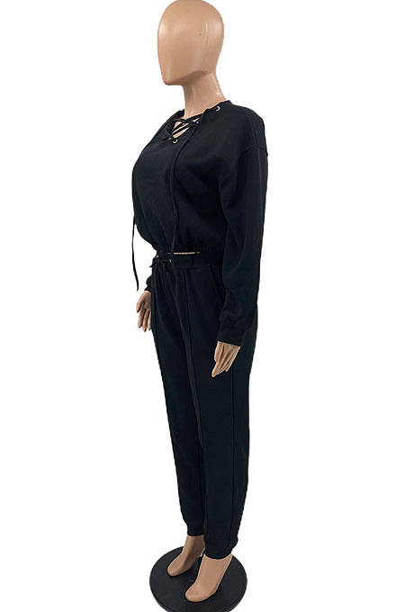 Grey Casual Preppy Long Sleeve V Neck Bandage Tops Jogger Pants Solid Color Suit SYY8072-1