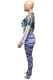 Blue Autumn Tie Dye Printing Tassel Sequins Dew Waist Top Bodycon Pants Sets Q986-3
