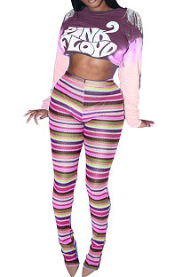 Pink Autumn Tie Dye Printing Tassel Sequins Dew Waist Top Bodycon Pants Sets Q986-1