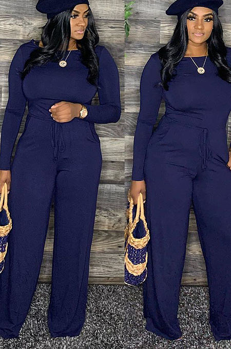 Wine Red Cotton Blend Women's Long Sleeve Round Neck Plain Wide Leg Jumpsuits MMS5059-1