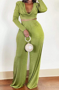 Green Sexy Velvet Ruffle V Neck Back Bandange Tops Wide Leg Pants Plain Suit LWW9328-1